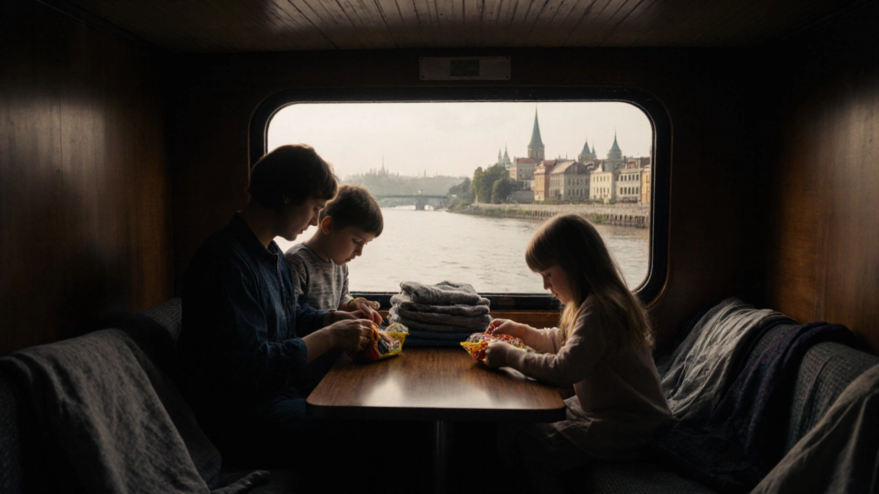 Семья в маленькой каюте без окна с видом на реку и старинный город