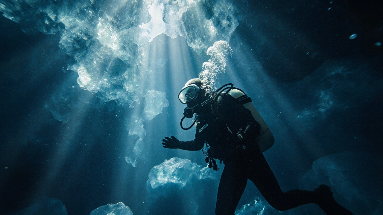 Дайвер под льдом Байкала в подледной пещере, синий свет и кристаллы льда.