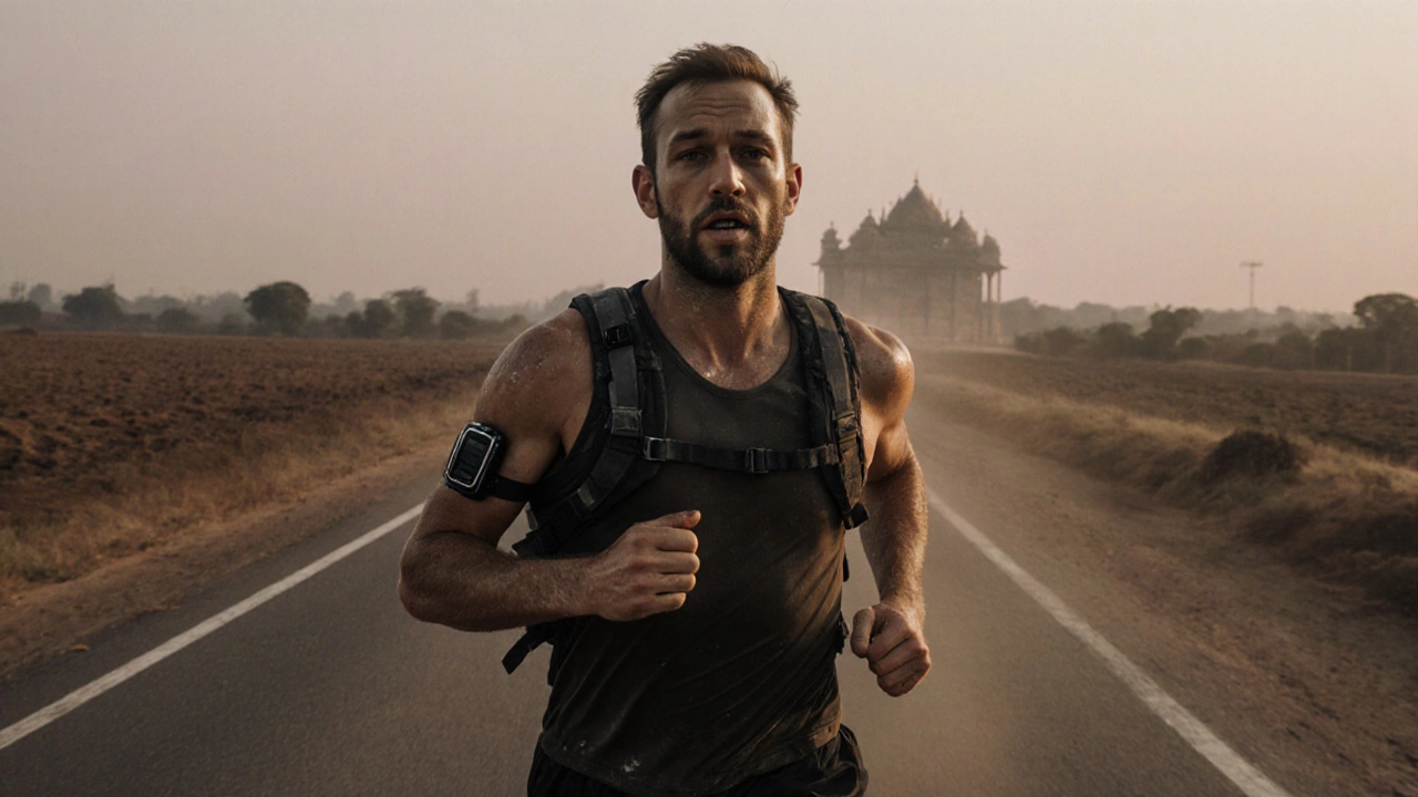 Эндрю МакКензи бежит по индийской дороге на рассвете, с GPS-устройством на руке, пыль летит вокруг.