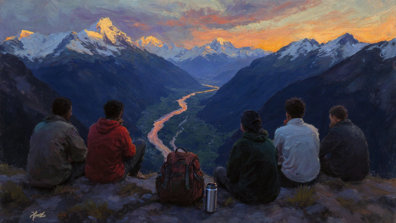 Группа людей молча сидит на плато на закате, погруженных в размышления, без телефонов и снаряжения.