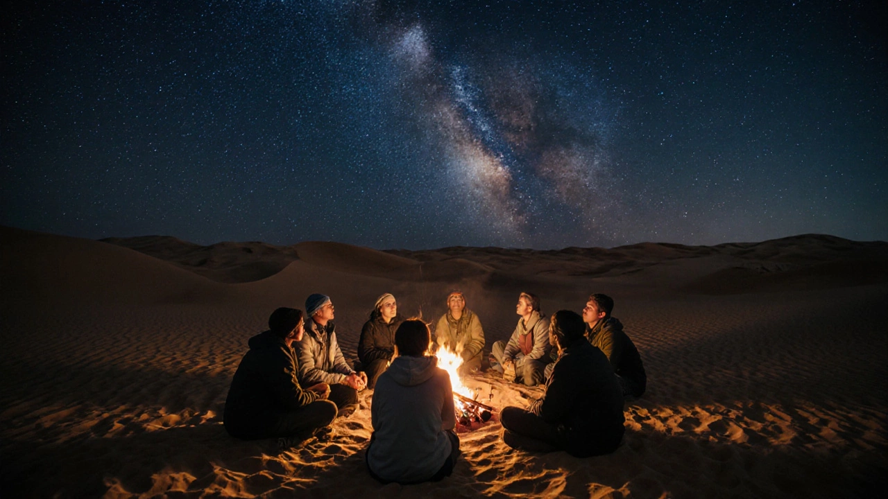 Группа людей у костра в пустыне Калмыкии под звёздным небом, без гаджетов.
