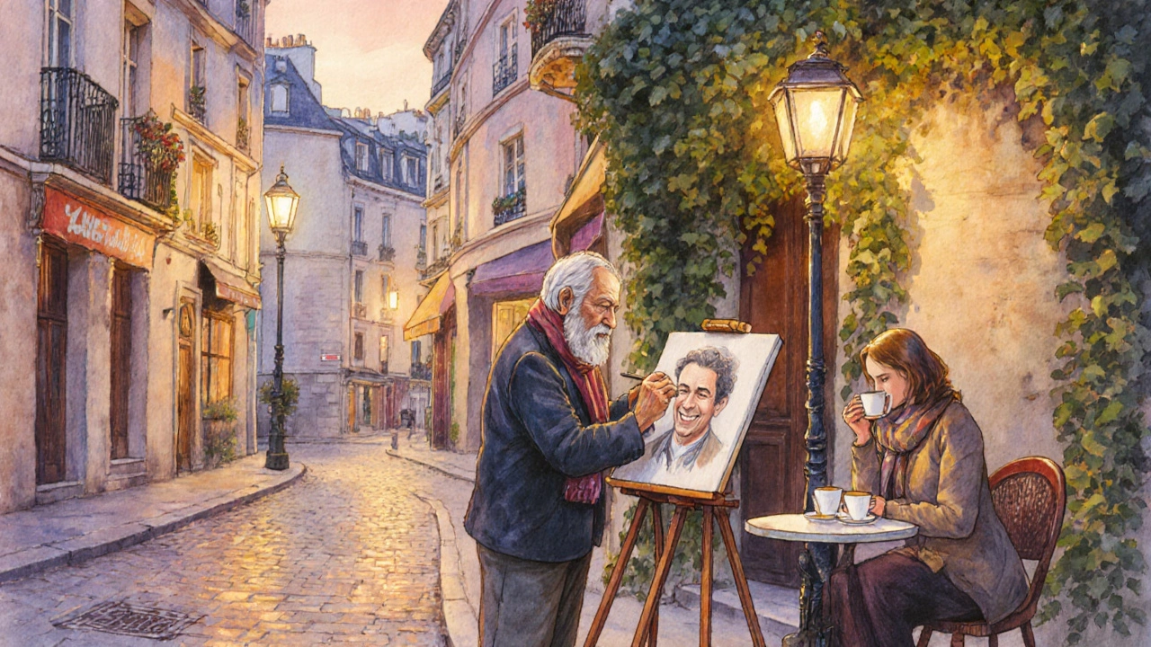 Художник рисует портрет в Монмартре, за ним — уютное кафе и тёплый вечерний свет на старинных зданиях.
