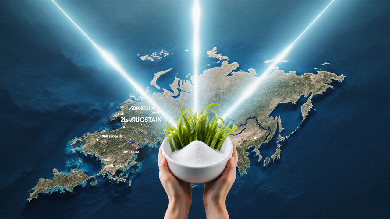 Карта России с энергетическими линиями от Владивостока к купе водорослей и соли, символизирующим естественное пополнение йода.