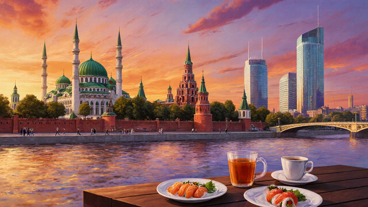 Казань на закате: мечеть Кул-Шариф и Казанский кремль на фоне современных башен.