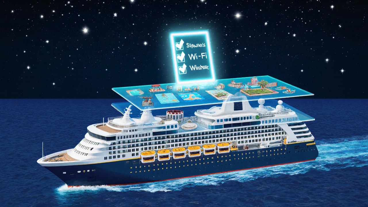 Концептуальное изображение круизного лайнера с прозрачными слоями бесплатных и платных услуг.