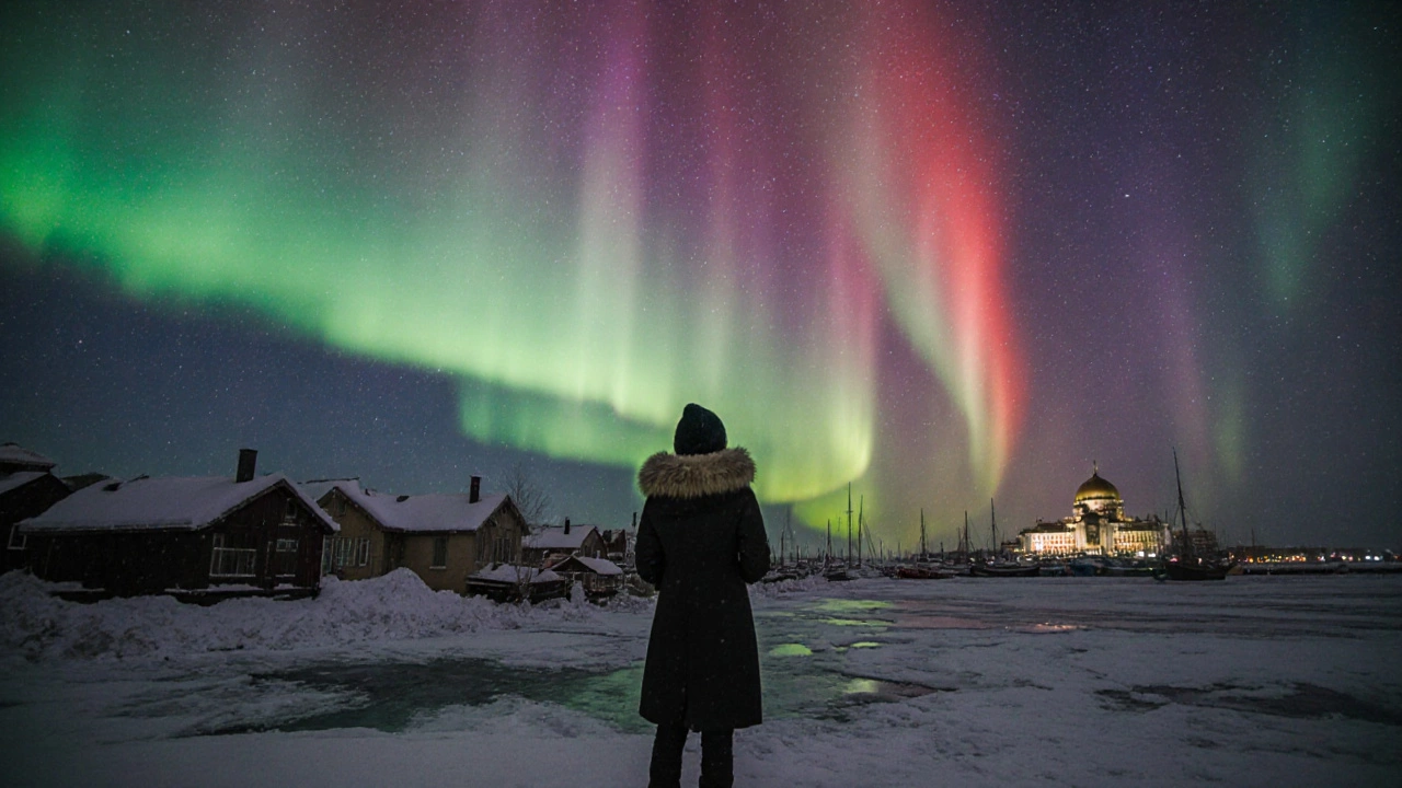 Мурманск под северным сиянием, снежный порт и яркие цвета в небе.