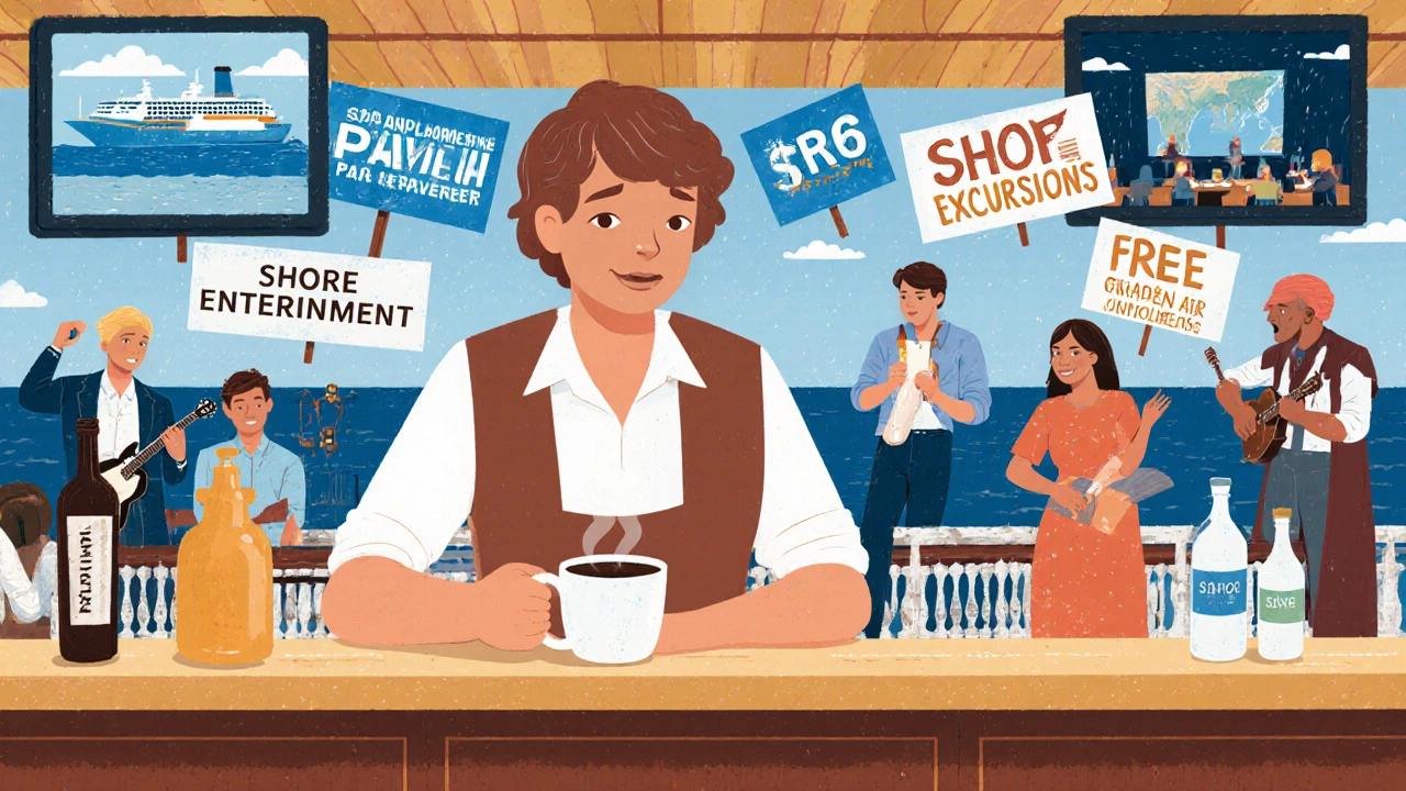 Пассажир в баре круизного судна с платными услугами на фоне бесплатных развлечений.