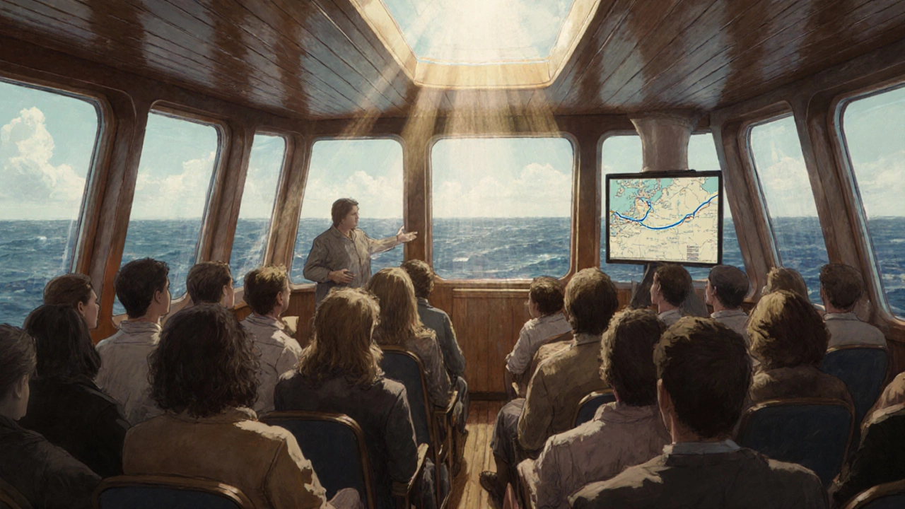 Пассажиры на круизном лайнере слушают лекцию о миграции китов с видом на океан.