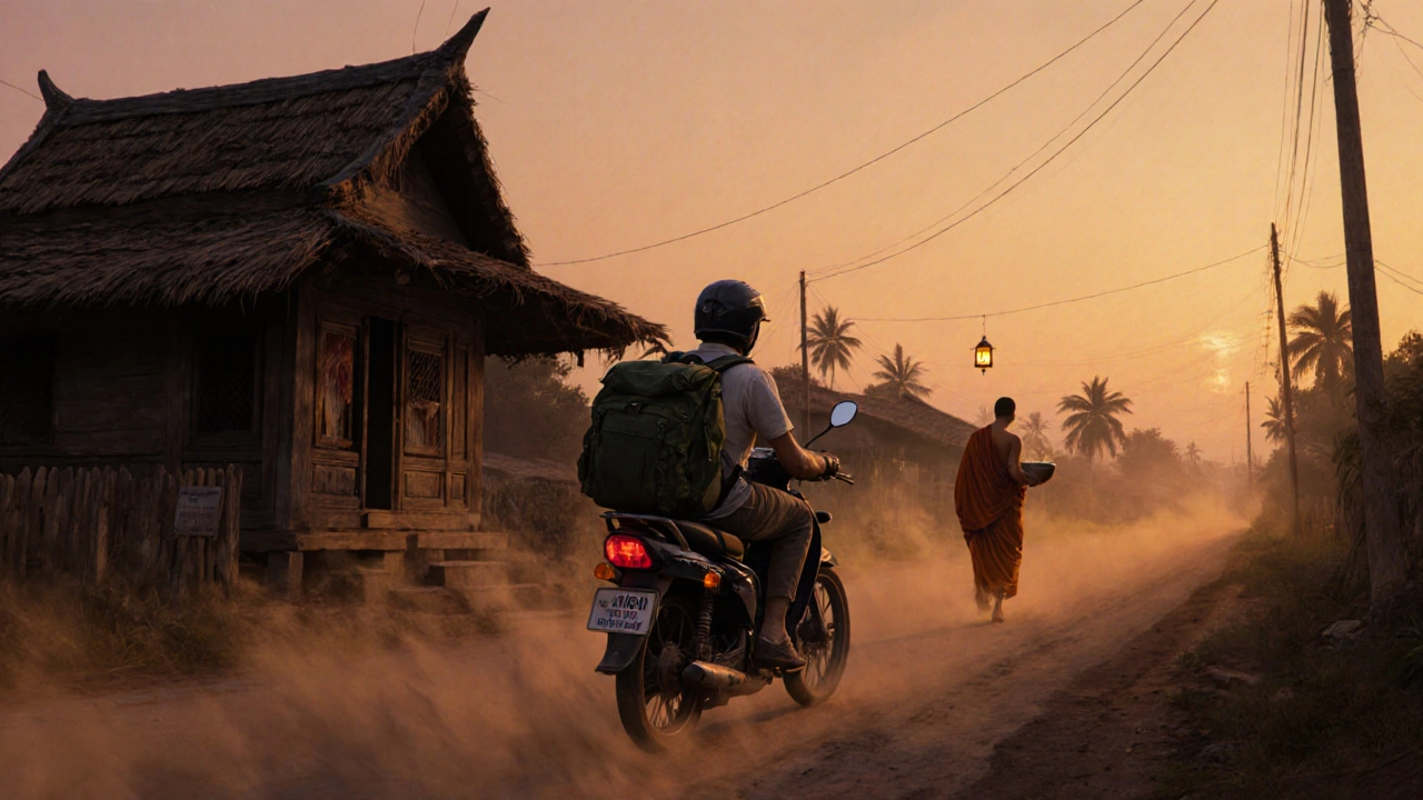 Путешественник на мотоцикле едет по сельской дороге в Камбодже на закате.