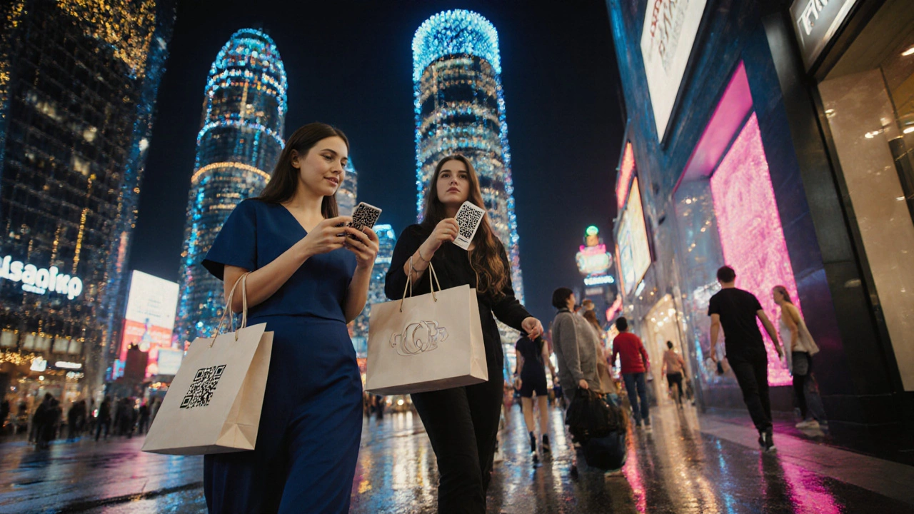 Россияне шопингуют в Дубае ночью под неоновыми вывесками, держа сумки и сканируя скидочные карты.