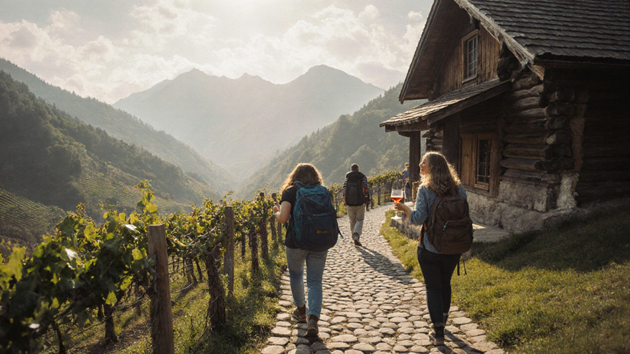 Российские путешественники гуляют по горной тропе в Грузии, рядом с виноградниками и традиционным домом.