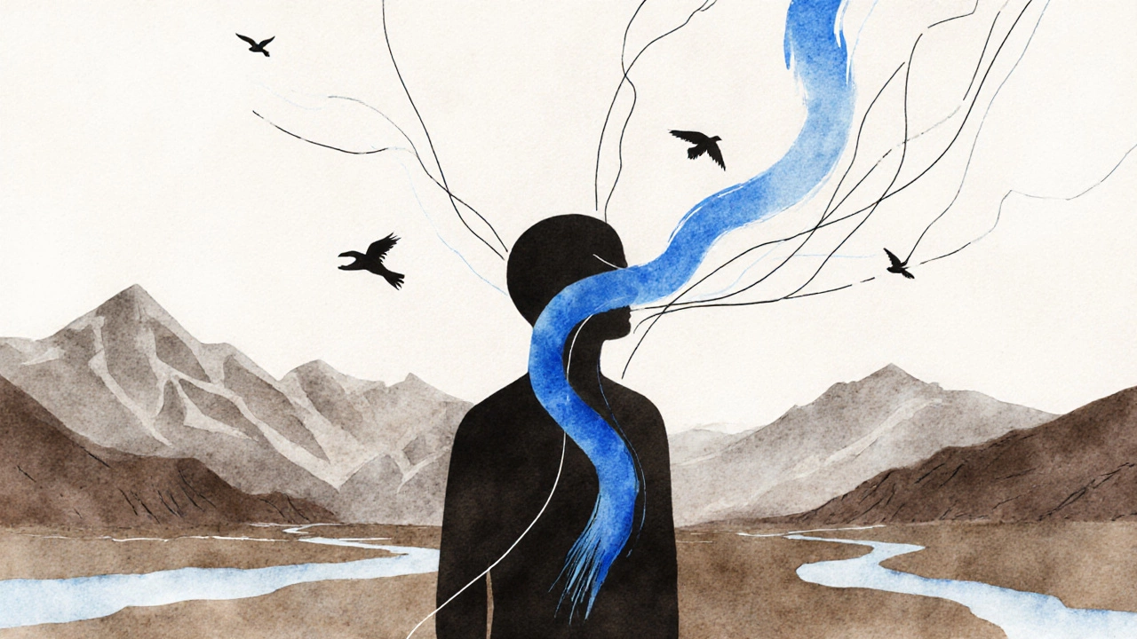 Силуэт человека, из груди которого исходят абстрактные линии, превращающиеся в птиц и ветер — символ внутренней ясности.