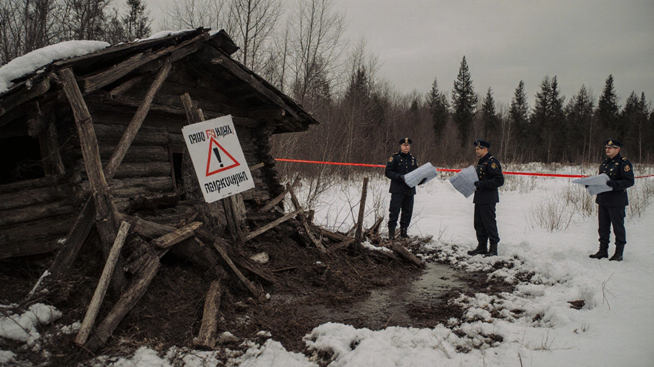Снесённый дом на границе заповедника с сотрудниками природнадзора