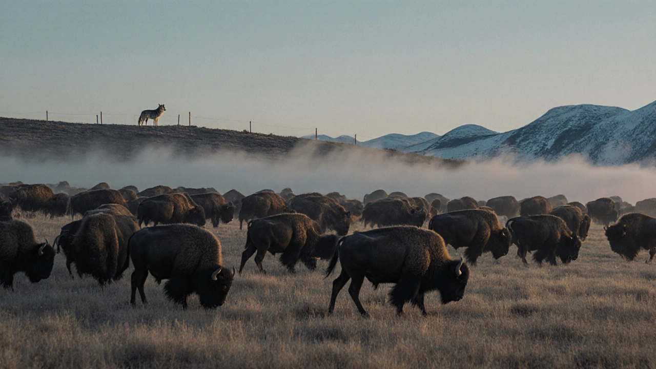 Стаи бизонов пасутся на туманной равнине Йеллоустона, на горизонте — волк.