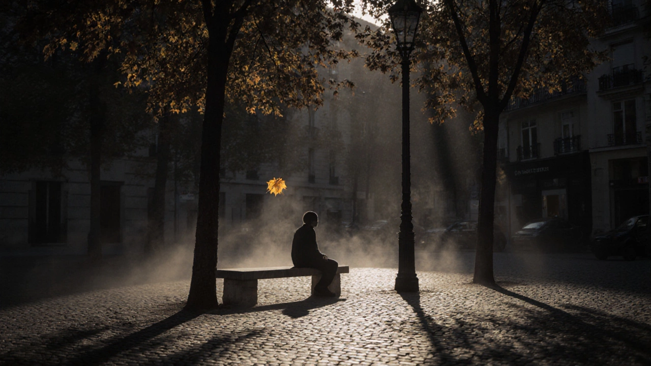 Тихая зона в Сен-Жермене: человек сидит на скамейке среди опавших листьев, без рекламы и звуков, только тишина и приглушённый свет.