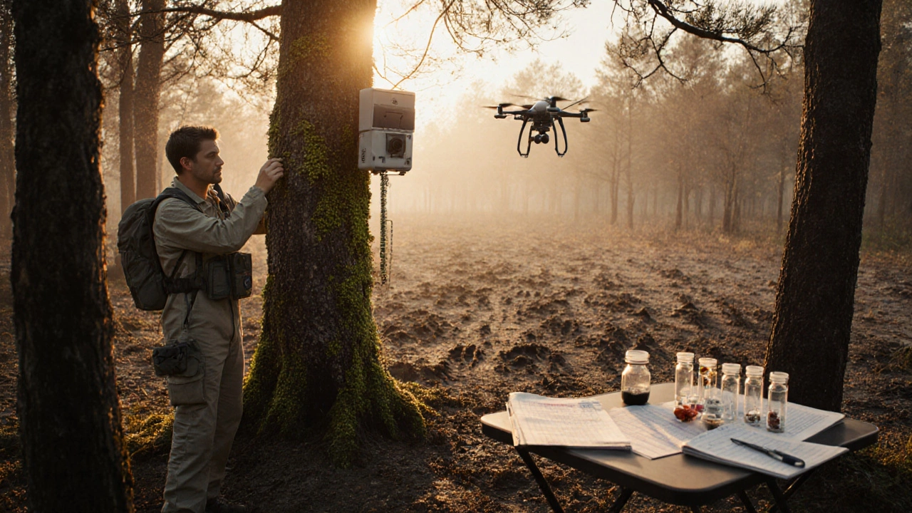 Учёные устанавливают камеру-ловушку и собирают образцы насекомых в лесу.