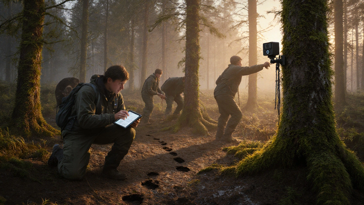 Учёные в лесу проверяют камеры-ловушки и собирают пробы почвы для исследования экосистемы.