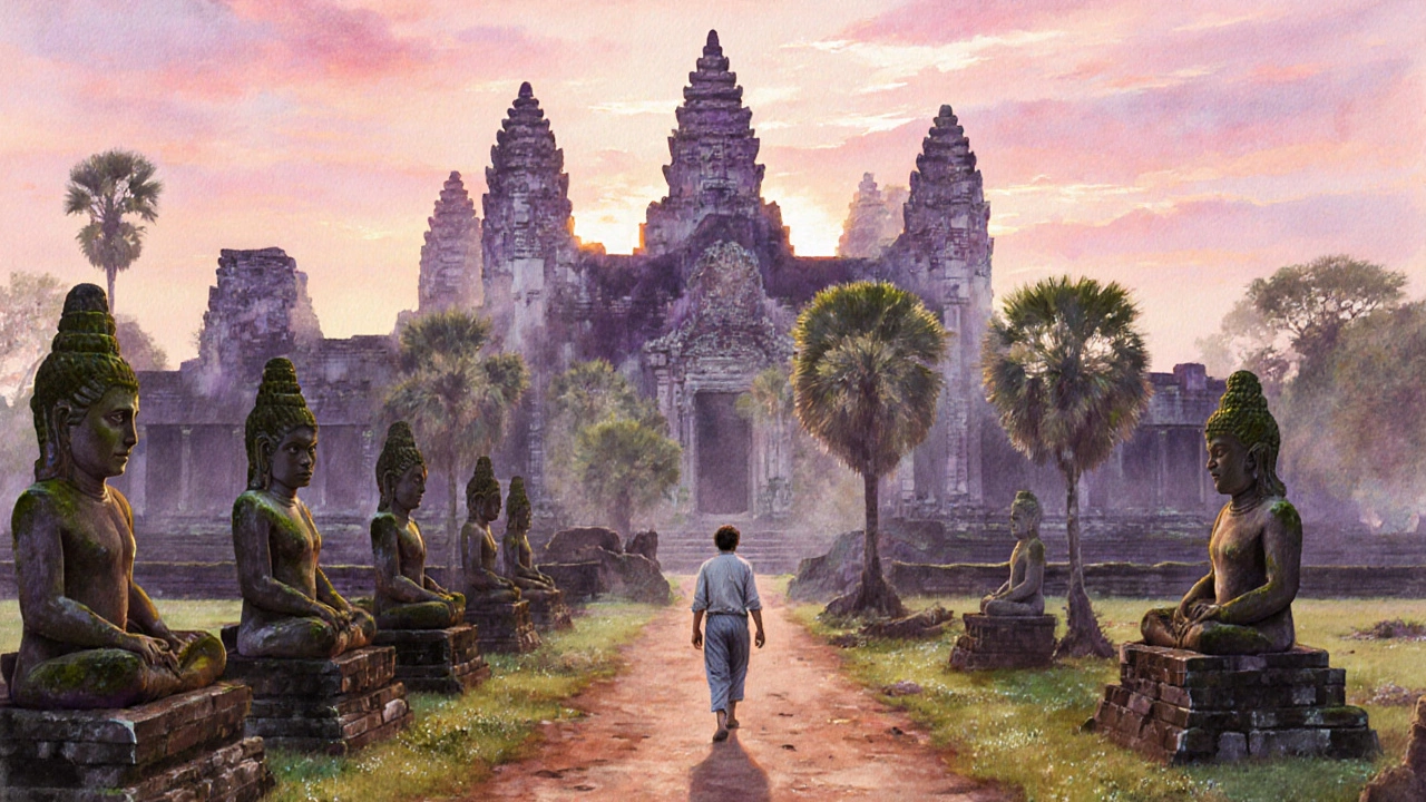 Утренний рассвет над храмом Ангкор-Ват, туман и древние статуи в джунглях.