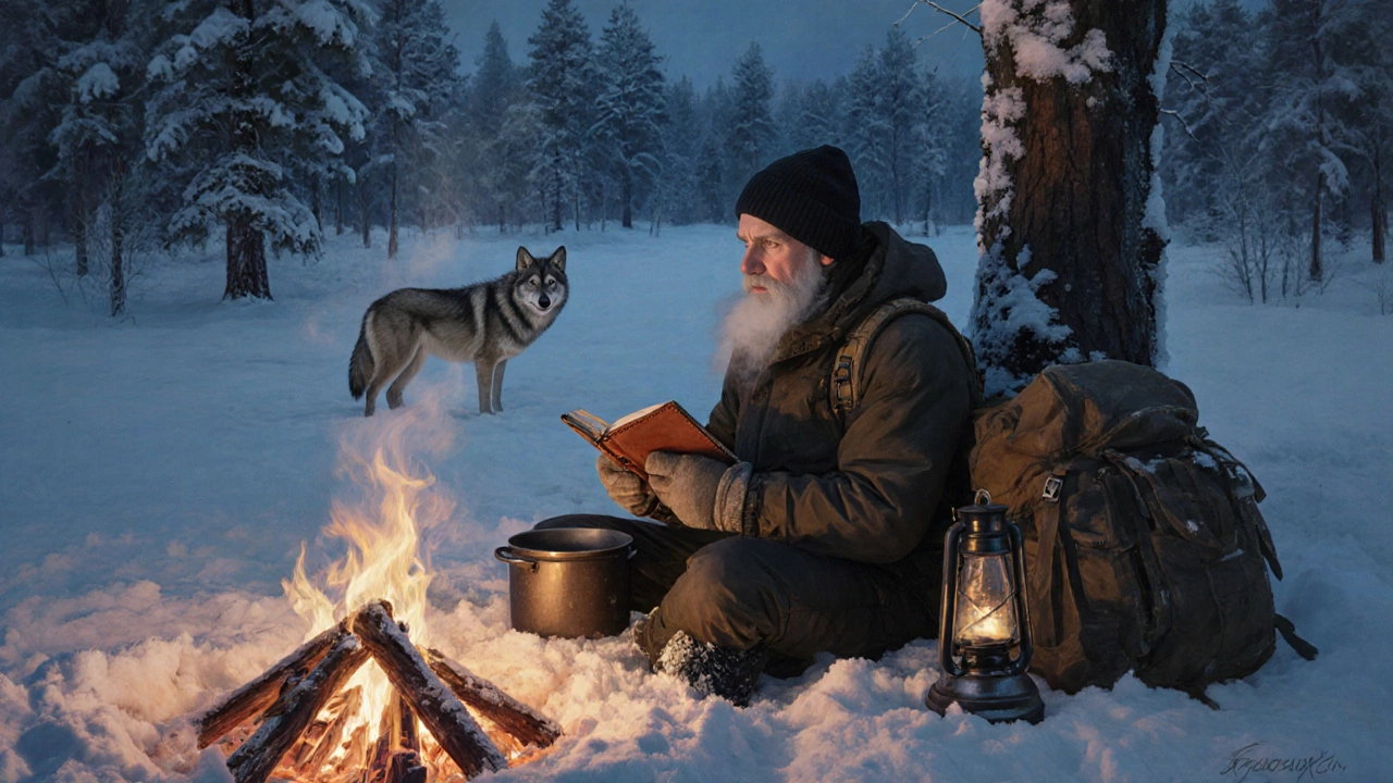 Владимир Семенов сидит у костра в снегу Якутии, держит дневник, за ним — таежные деревья и волк в тени.