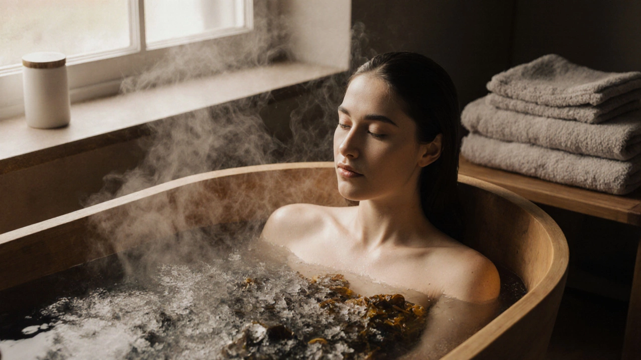 Женщина принимает ванну с морской солью и водорослями, пар поднимается, кожа сияет, атмосфера спокойствия.