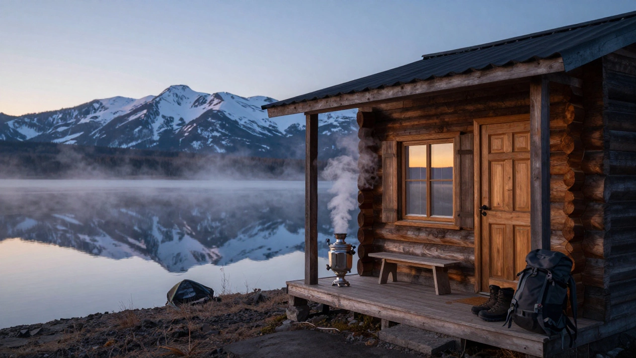 Деревянный домик у Байкала на рассвете, с паром от самовара и горами на фоне.
