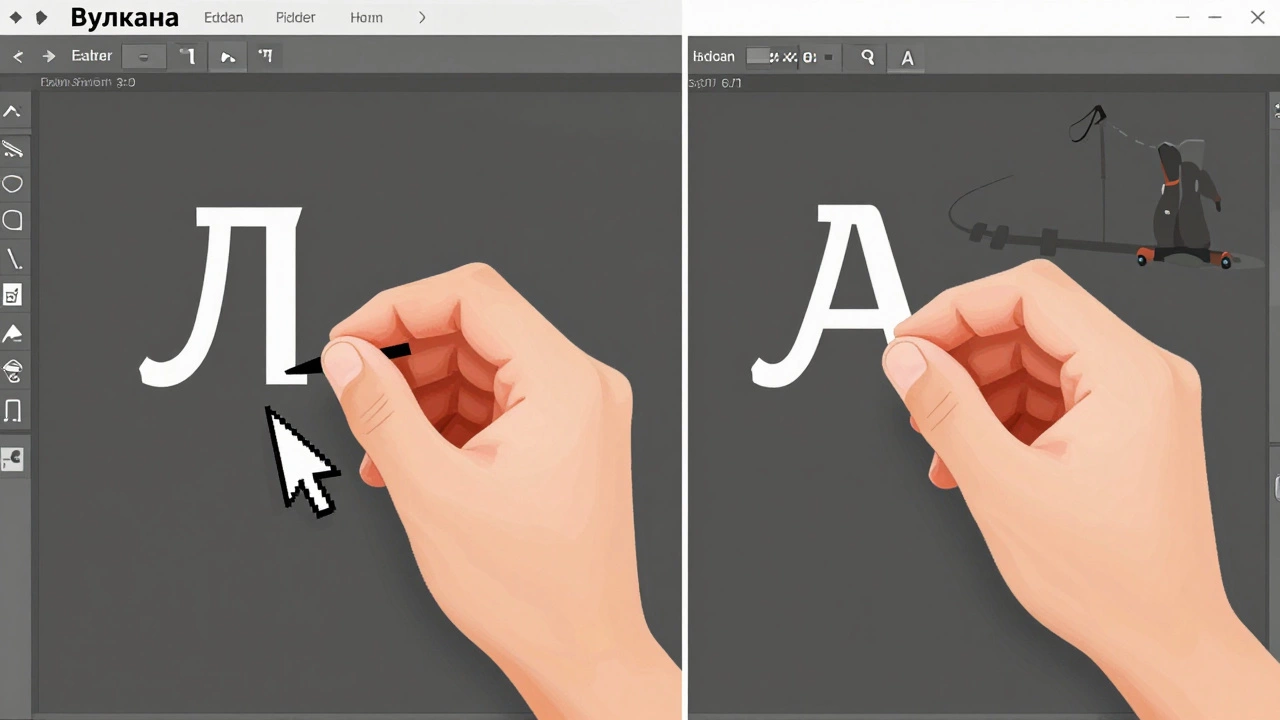Дизайнер на экране корректирует кернинг между буквами 'Л' и 'А' в слове 'Вулкана'.