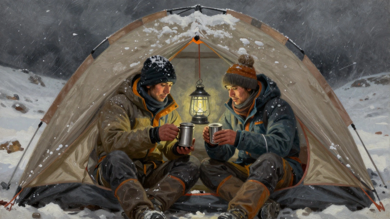Два альпиниста в палатке на высоте, делятся чаем в тишине шторма.