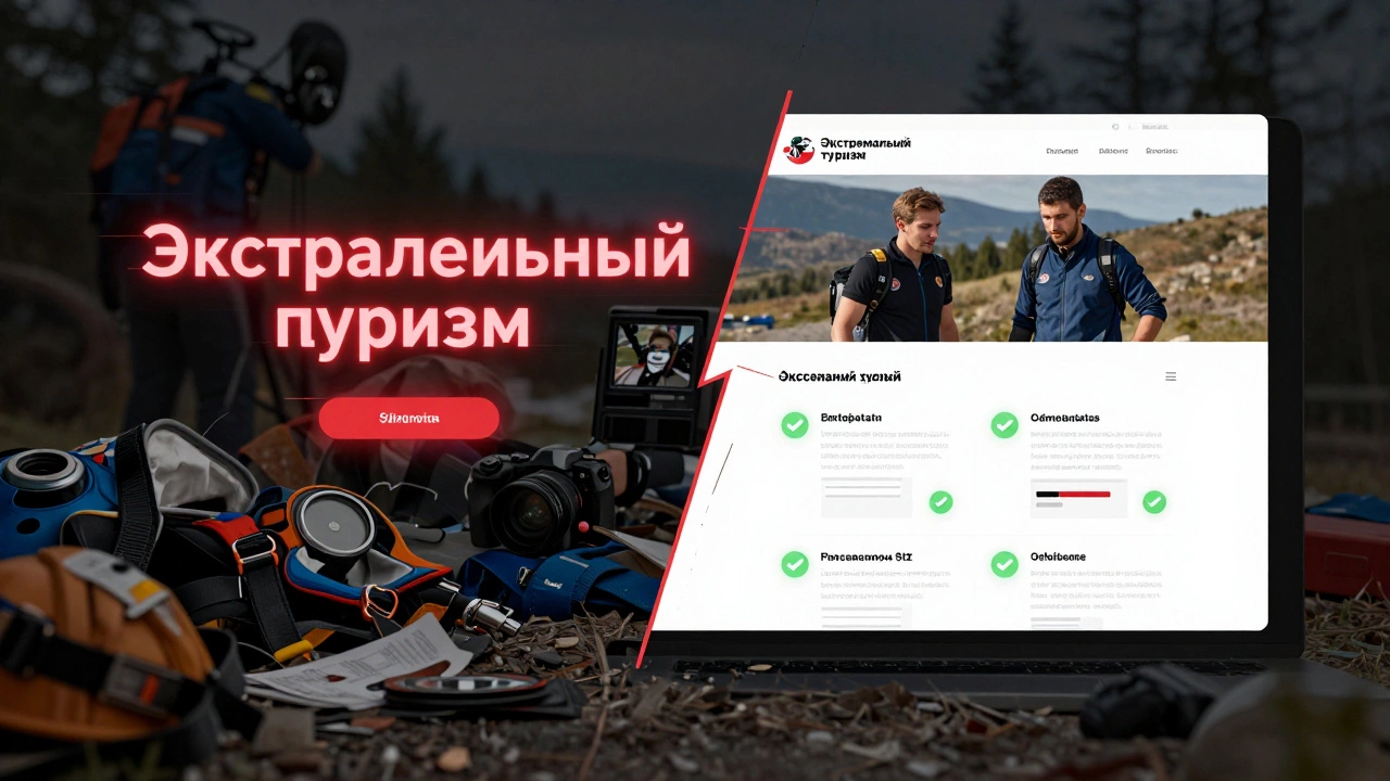 Две стороны экрана: слева — ошибочное написание и хаос, справа — правильное написание и профессионализм в экстремальном туризме.