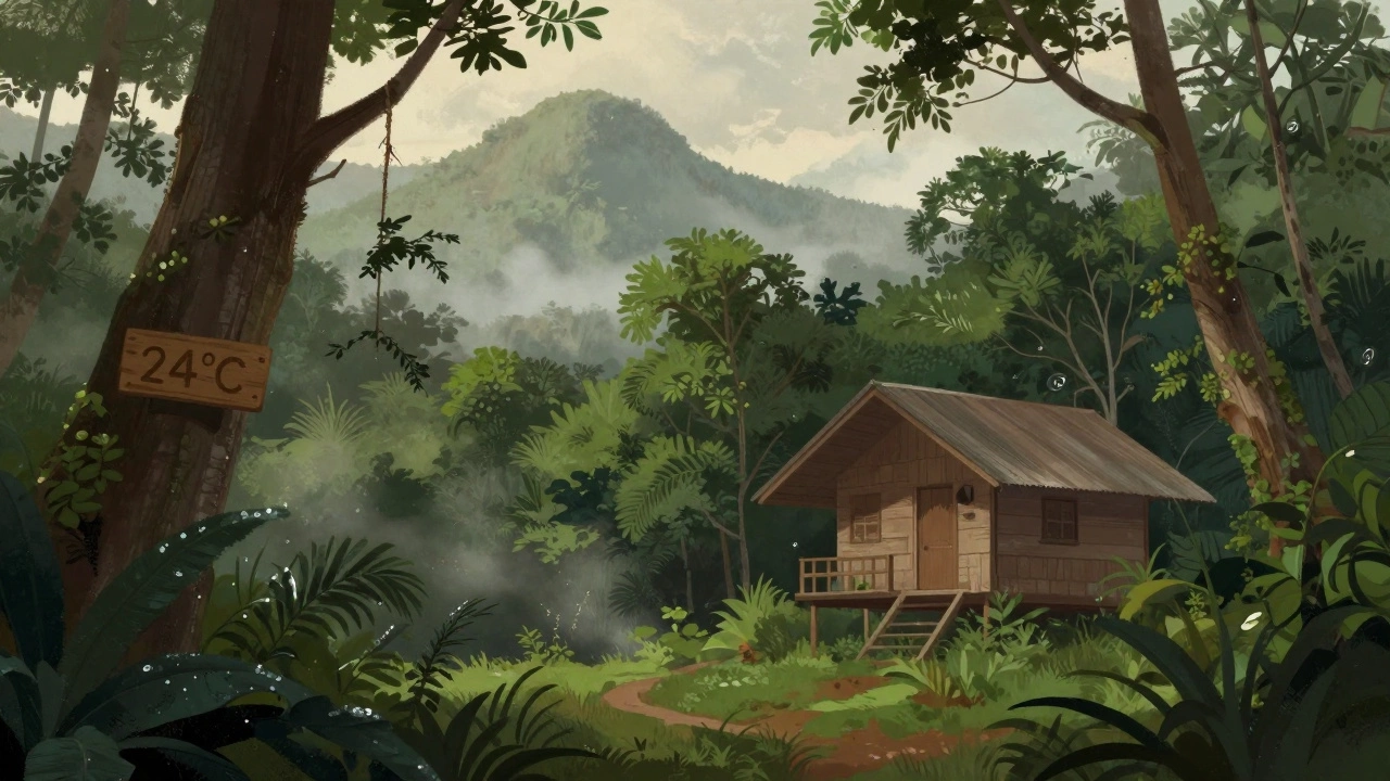 Джунгли Сабаха, кабина среди деревьев, туман и роса, температура 24°C.