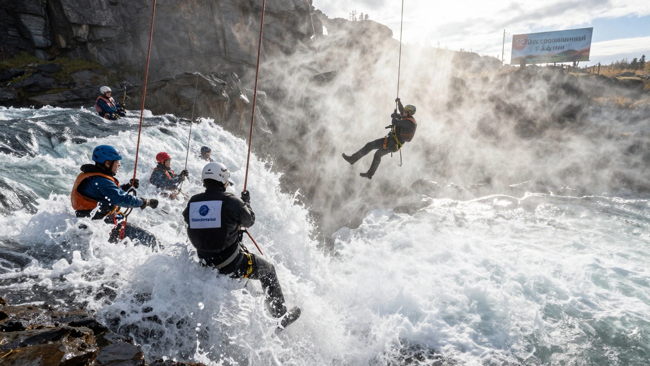 Группа туристов спускается по водопаду в Сибири, вода бьётся о скалы, на заднем плане — неправильно написанная вывеска.