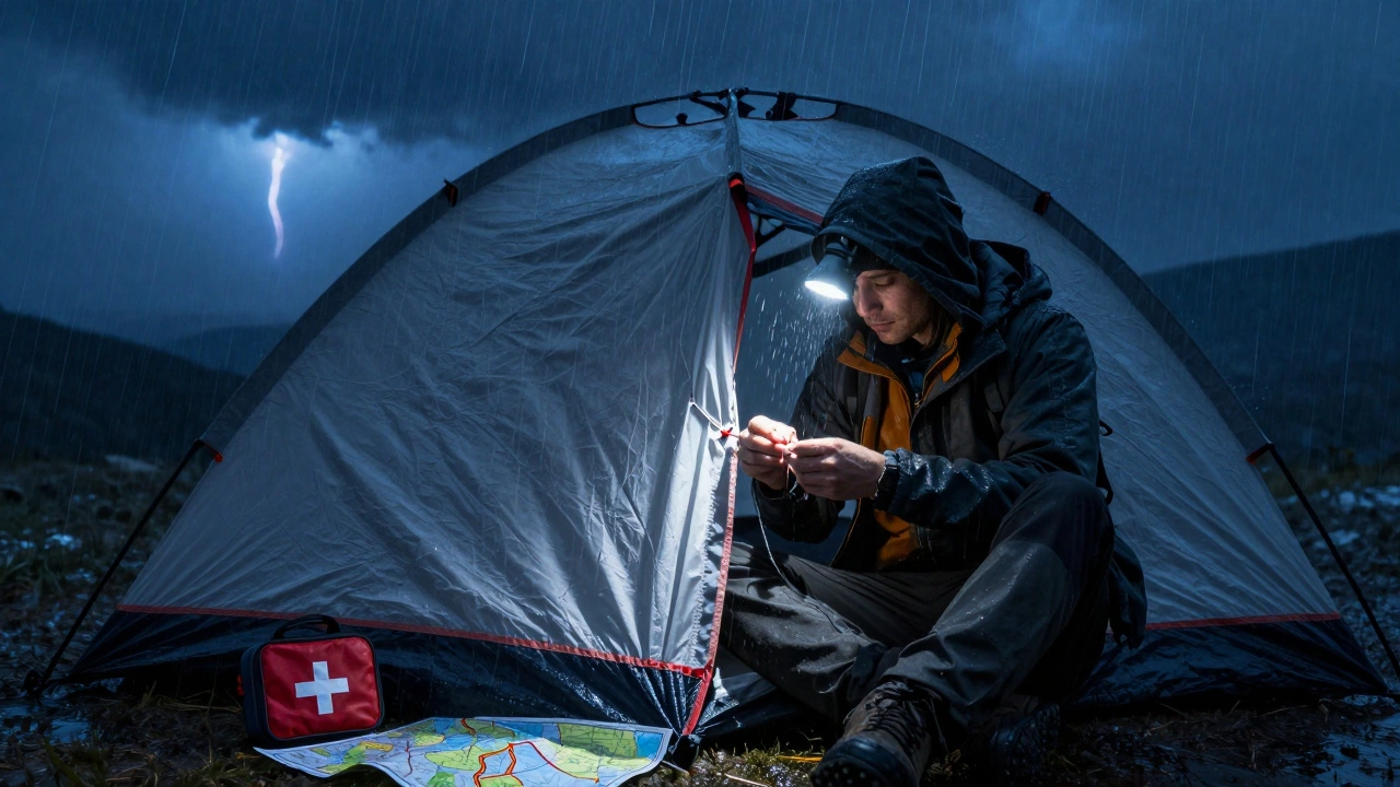 Ходок в шторм чинит палатку ночью, свет фонарика выделяет его руки на мокрой ткани, дождь за пределами кадра.