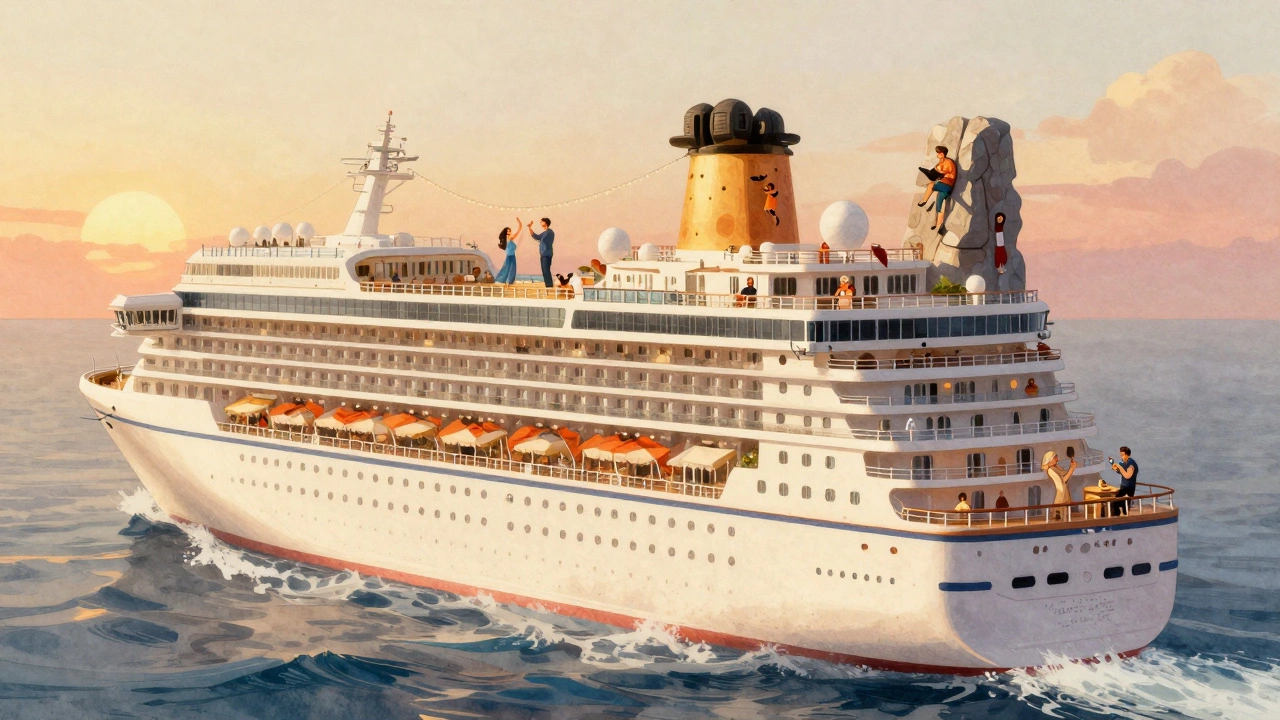 Круизный корабль как плавучий город: семьи, танцы, библиотека и дети на скалолазной стене на закате.