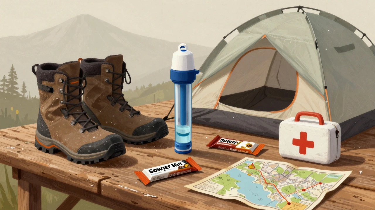 Необходимое снаряжение для треккинга: ботинки, палатка, фильтр для воды, еда и аптечка на деревянном столе.