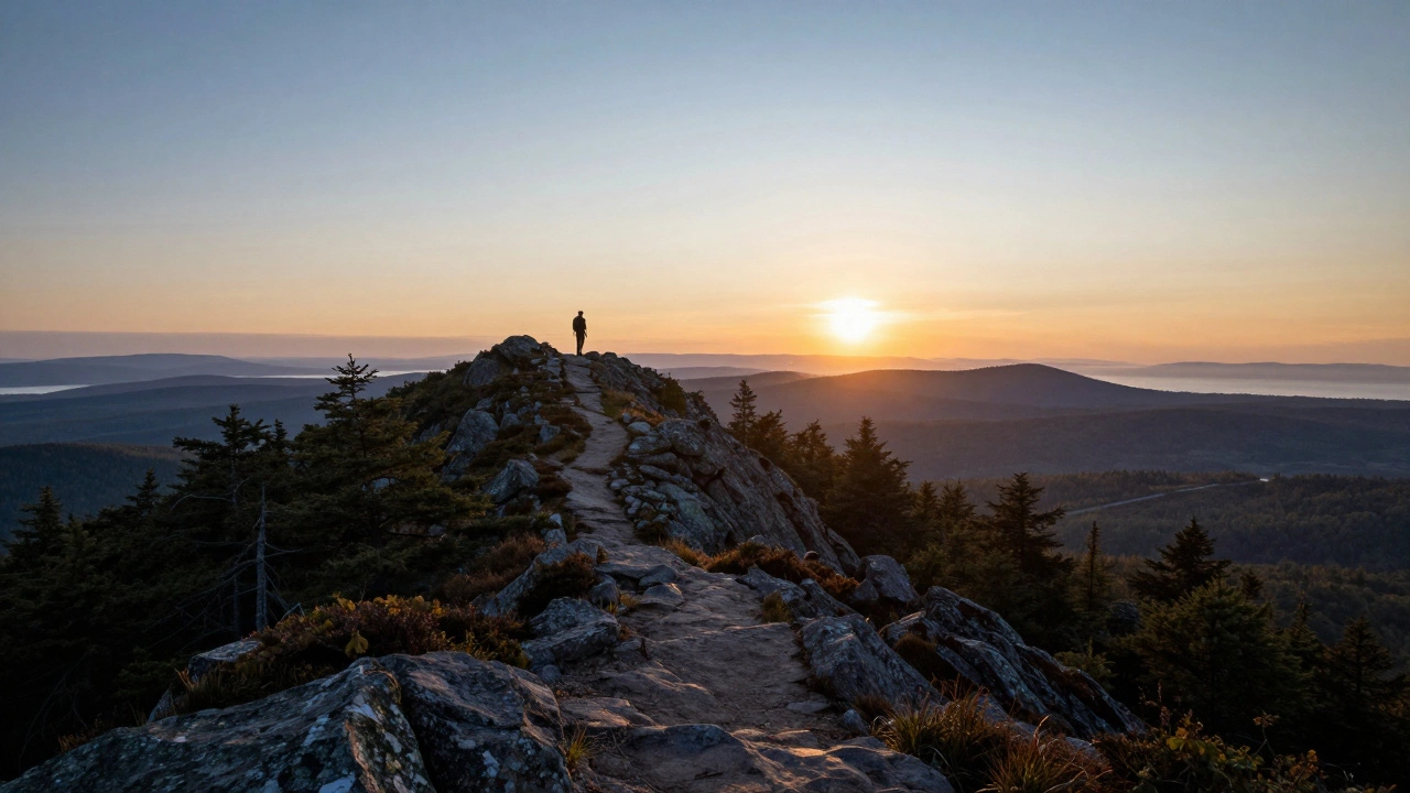 Пешеход на вершине хребта в Приморье, смотрит вниз на лесную тропу, рассвет освещает пейзаж.