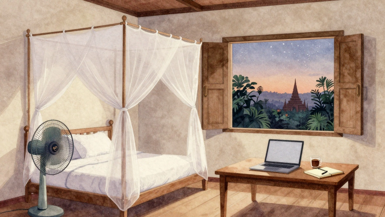 Простая комната в гестхаусе в Камбодже с ноутбуком, вентилятором и видом на джунгли на закате.