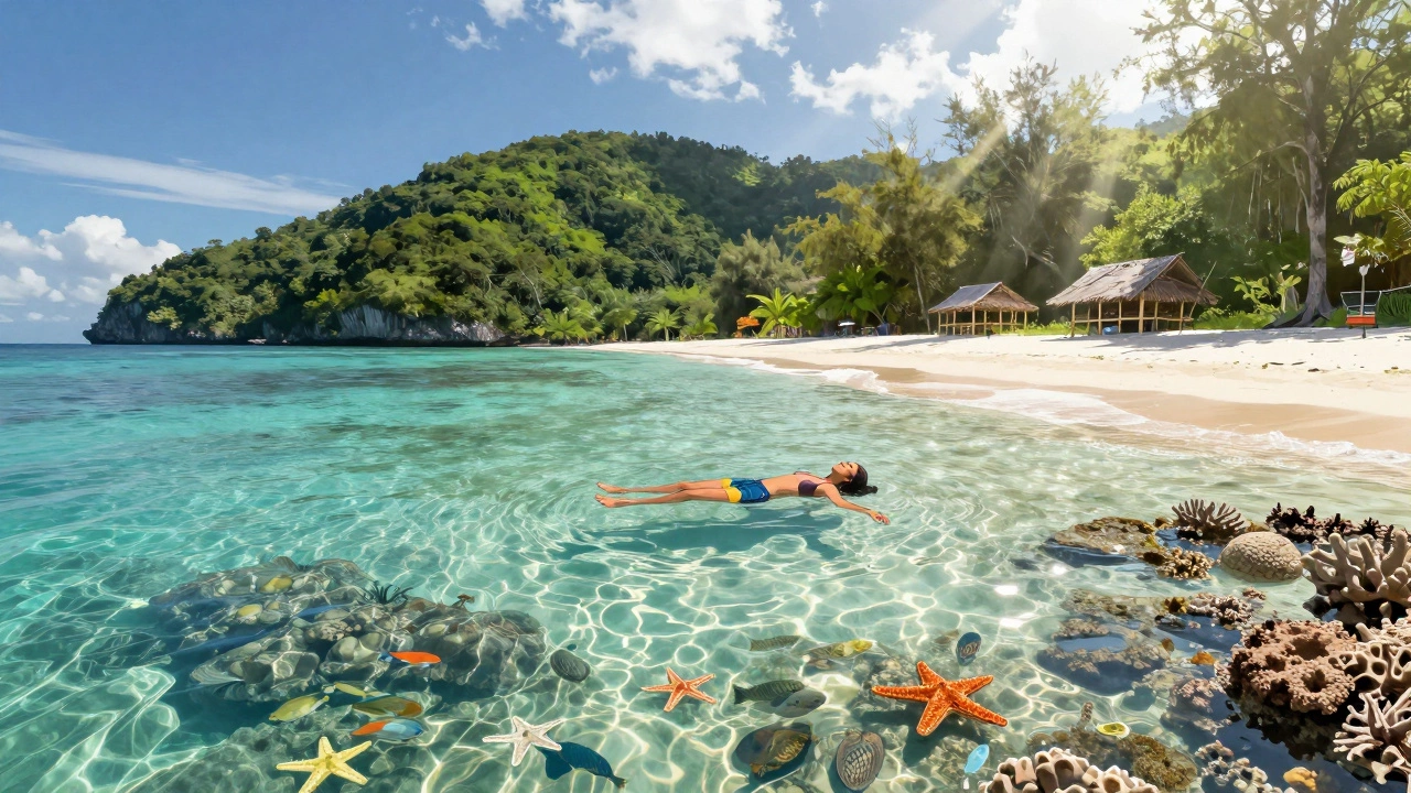 Прозрачная вода у побережья Палавана, Филиппины, с рыбами и кораллами, одинокий отдыхающий на фоне зеленых холмов.