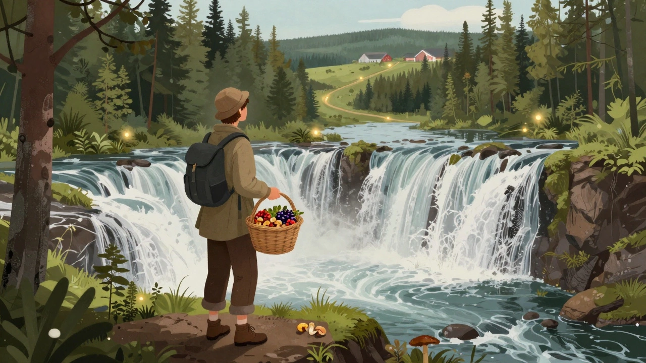 Путешественник у водопада Кивач в Карелии с корзиной грибов и ягод, вокруг лес.