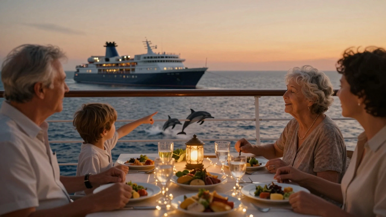 Семья на палубе на закате: дети указывают на дельфинов, бабушка улыбается, без телефонов, только связь.