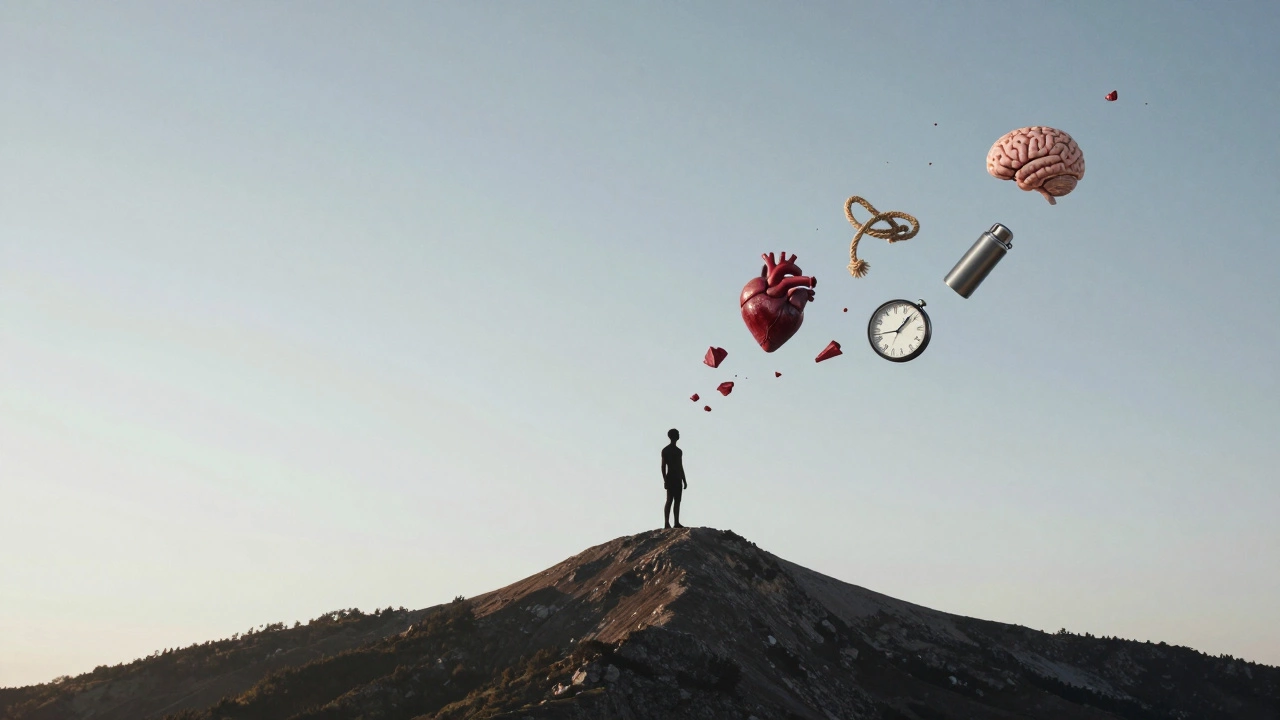 Силуэт альпиниста на вершине, тело которого превращается в символы силы и спокойствия.