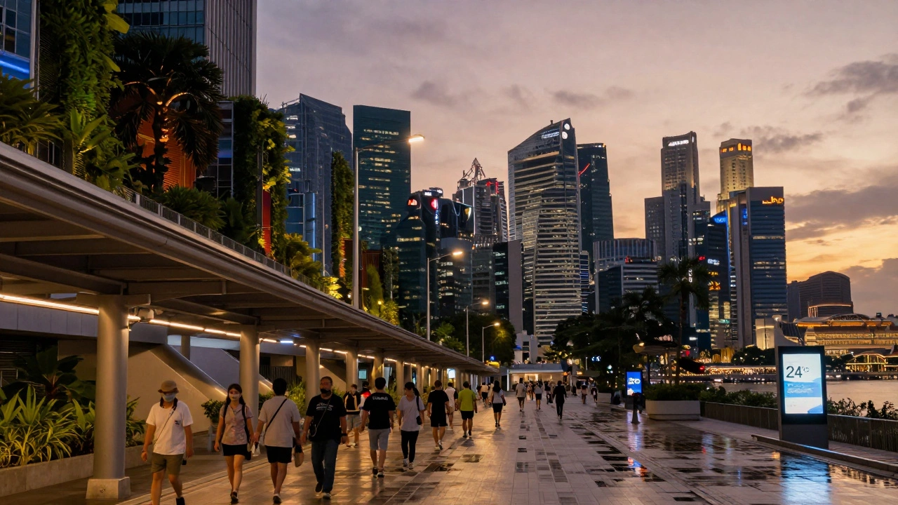 Сингапур на закате, зелёные крыши, люди в лёгкой одежде, город с температурой 24°C.