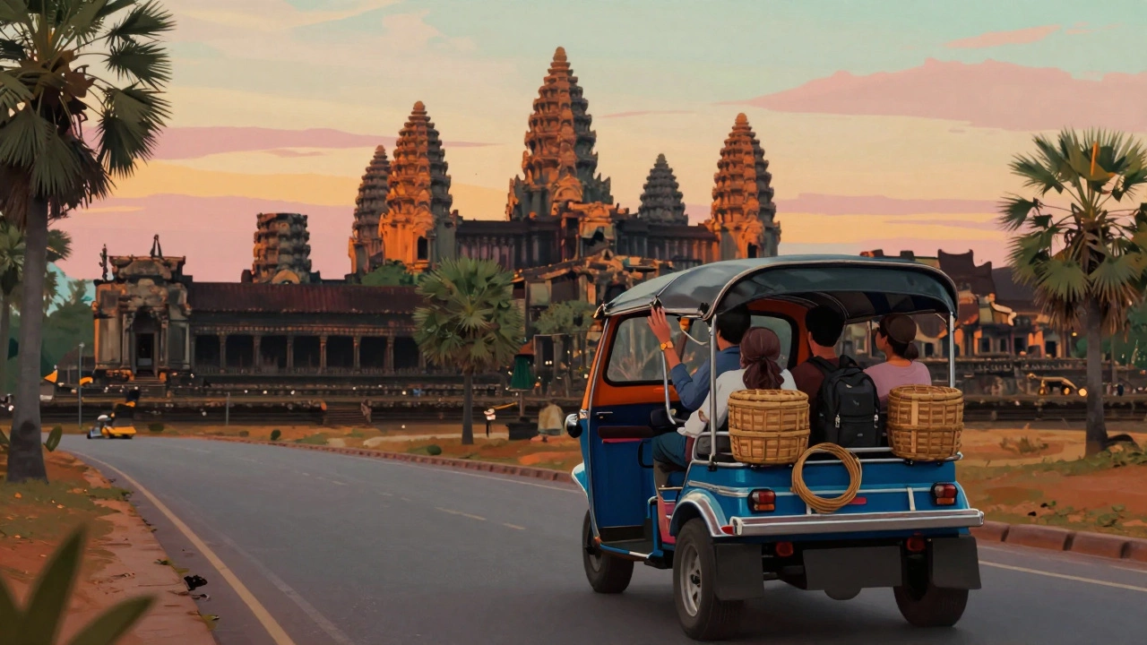 Тук-тук едет к храмам Ангкор-Ват на закате, двое туристов на заднем сиденье.