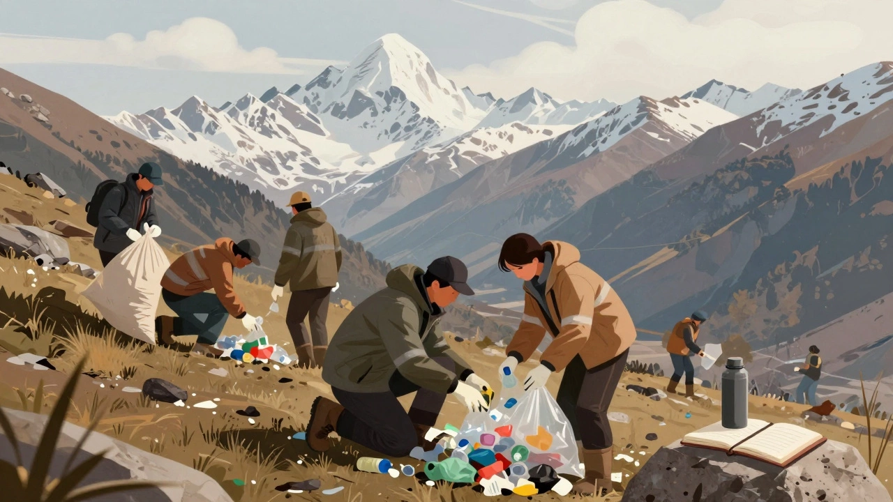 Волонтеры убирают мусор в горах, работают в тишине, без телефонов, с акцентом на заботу о природе.