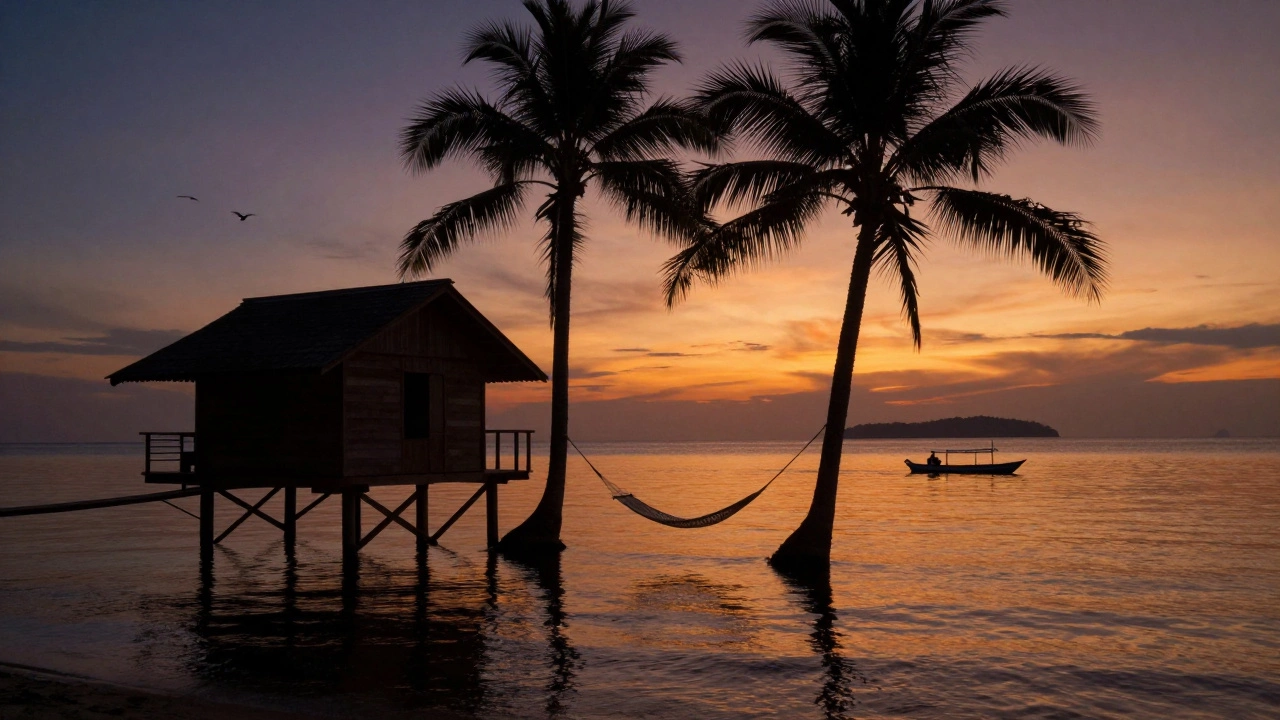 Закат на островах Гили, Индонезия: деревянный бунгало над спокойным морем, гамак и тихий вечер.
