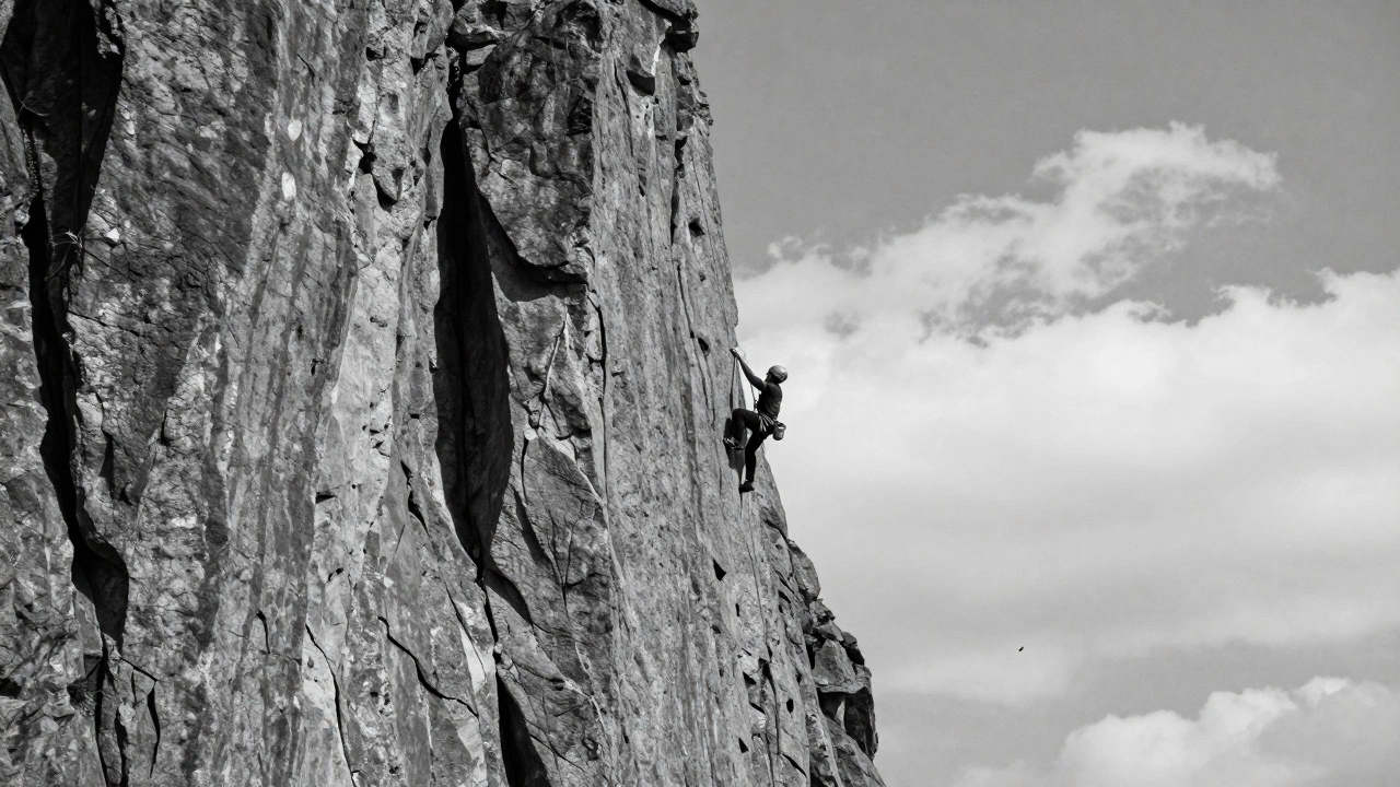 Альпинист лезет по вертикальной скале без страховки, только руки и камень.