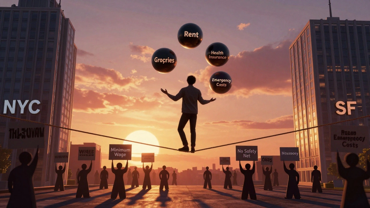 Человек балансирует на веревке, держа пять тяжелых сфер, символизирующих расходы в США.