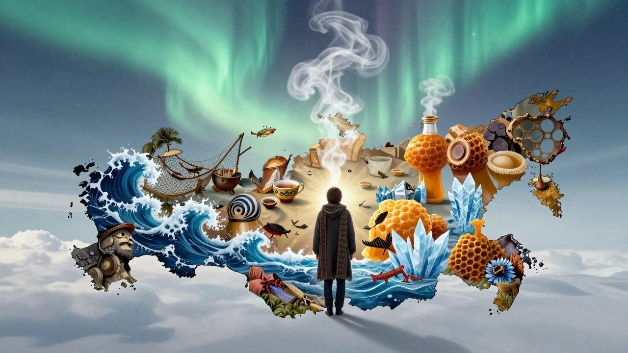 Человек в центре карты России, его тело превращается в элементы культур разных регионов.