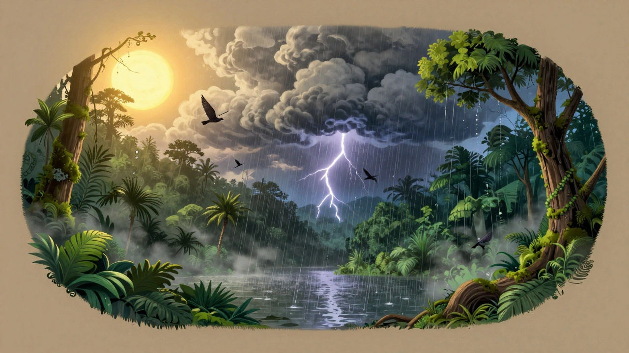 Цикл тропического климата: солнце, грозовые тучи, ливень и влажный лес в единой композиции.