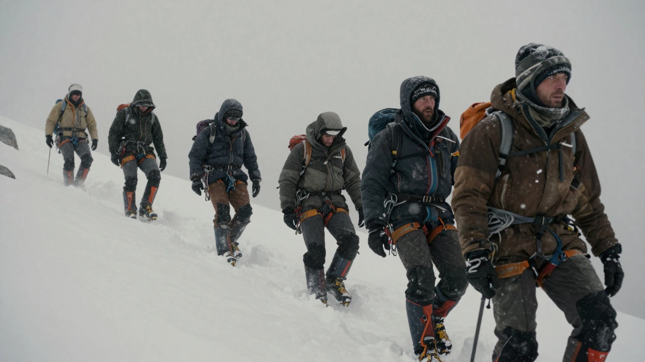 Группа альпинистов спускается в бурю, уставшая, но не сломленная, не достигнув вершины.