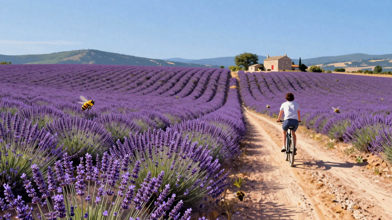 Лавандовые поля Прованса под солнечным небом, вдалеке — каменный дом и велосипедист.