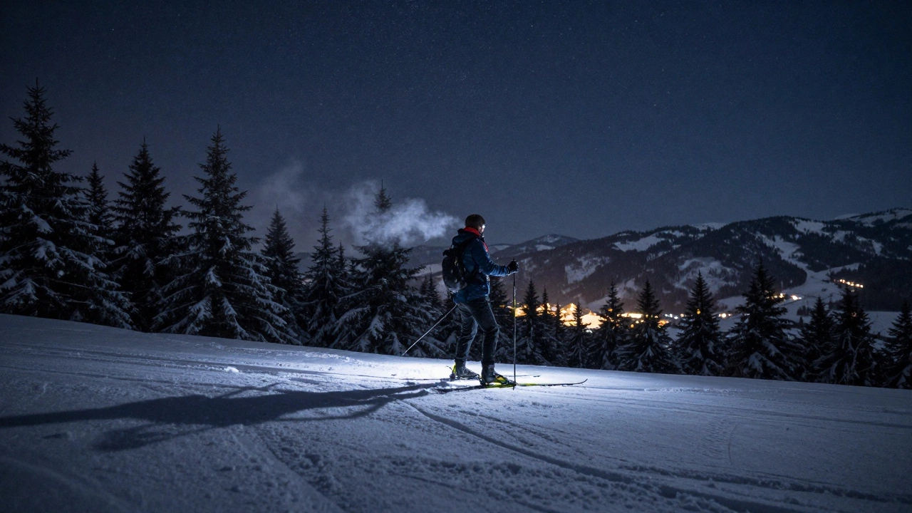 Лыжник в Шерегеше ночью под звёздами, стоит на снежном хребте, вдали — слабый свет домов, полная тишина.